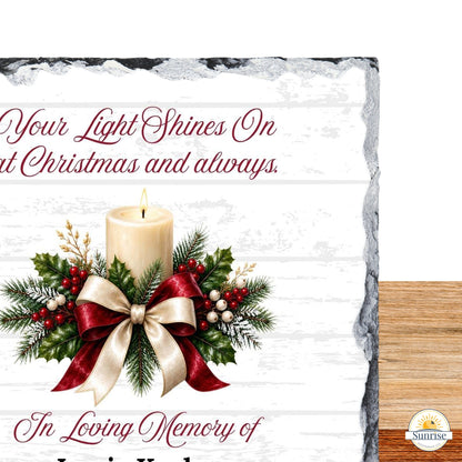 Memorial Plaque – Your Light Shines On Christmas with Printed Candle – Personalized Sympathy Gifts by Sunrise Keepsakes