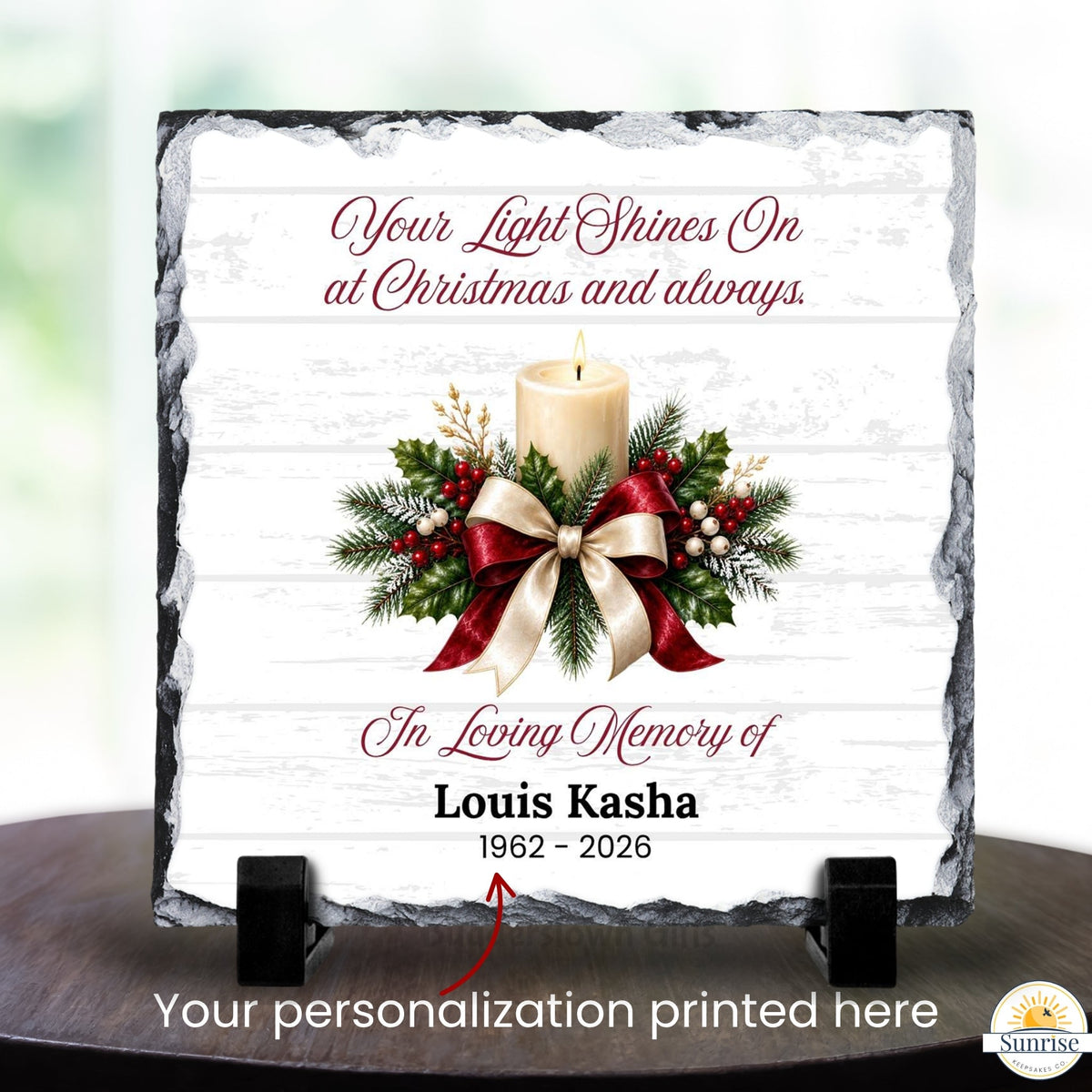 Memorial Plaque – Your Light Shines On Christmas with Printed Candle – Personalized Sympathy Gifts by Sunrise Keepsakes