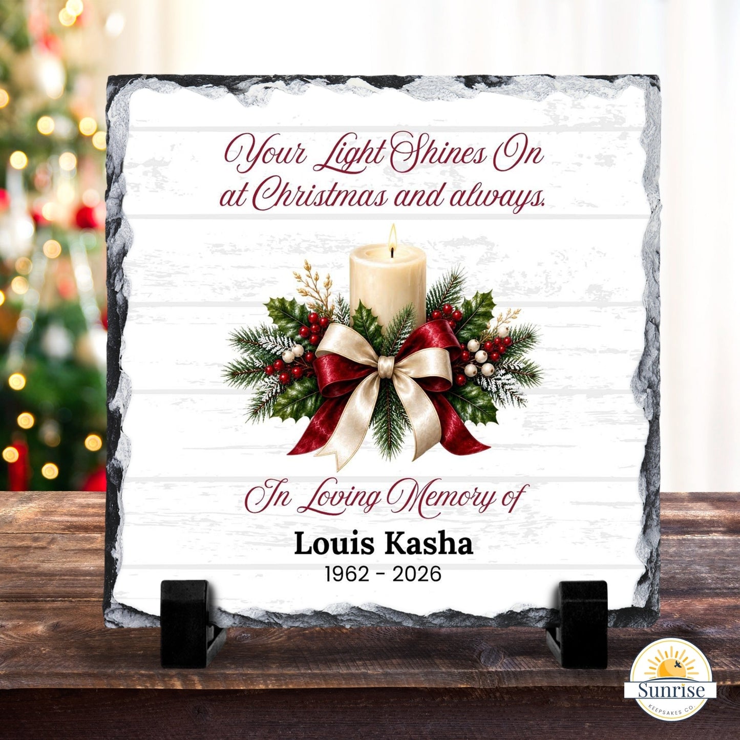 Memorial Plaque – Your Light Shines On Christmas with Printed Candle – Personalized Sympathy Gifts by Sunrise Keepsakes