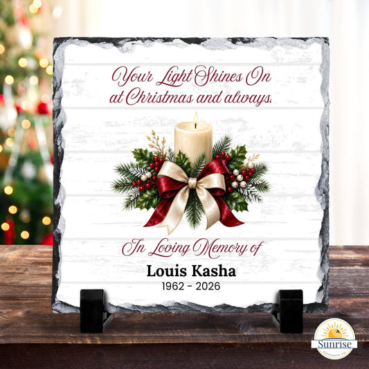 Memorial Plaque – Your Light Shines On Christmas with Printed Candle – Personalized Sympathy Gifts by Sunrise Keepsakes