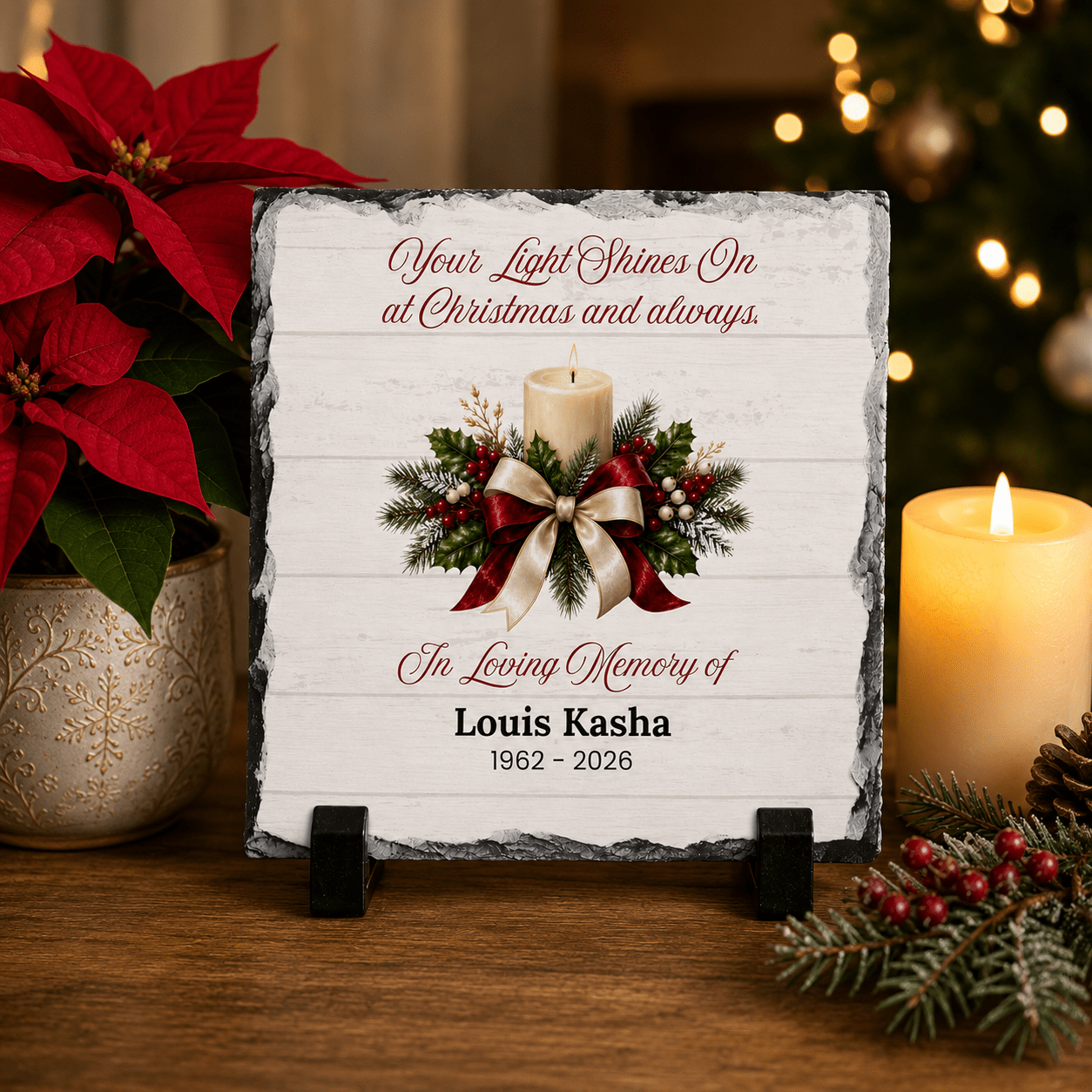 Memorial Plaque – Your Light Shines On Christmas with Printed Candle – Personalized Sympathy Gifts by Sunrise Keepsakes