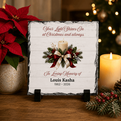 Memorial Plaque – Your Light Shines On Christmas with Printed Candle – Personalized Sympathy Gifts by Sunrise Keepsakes