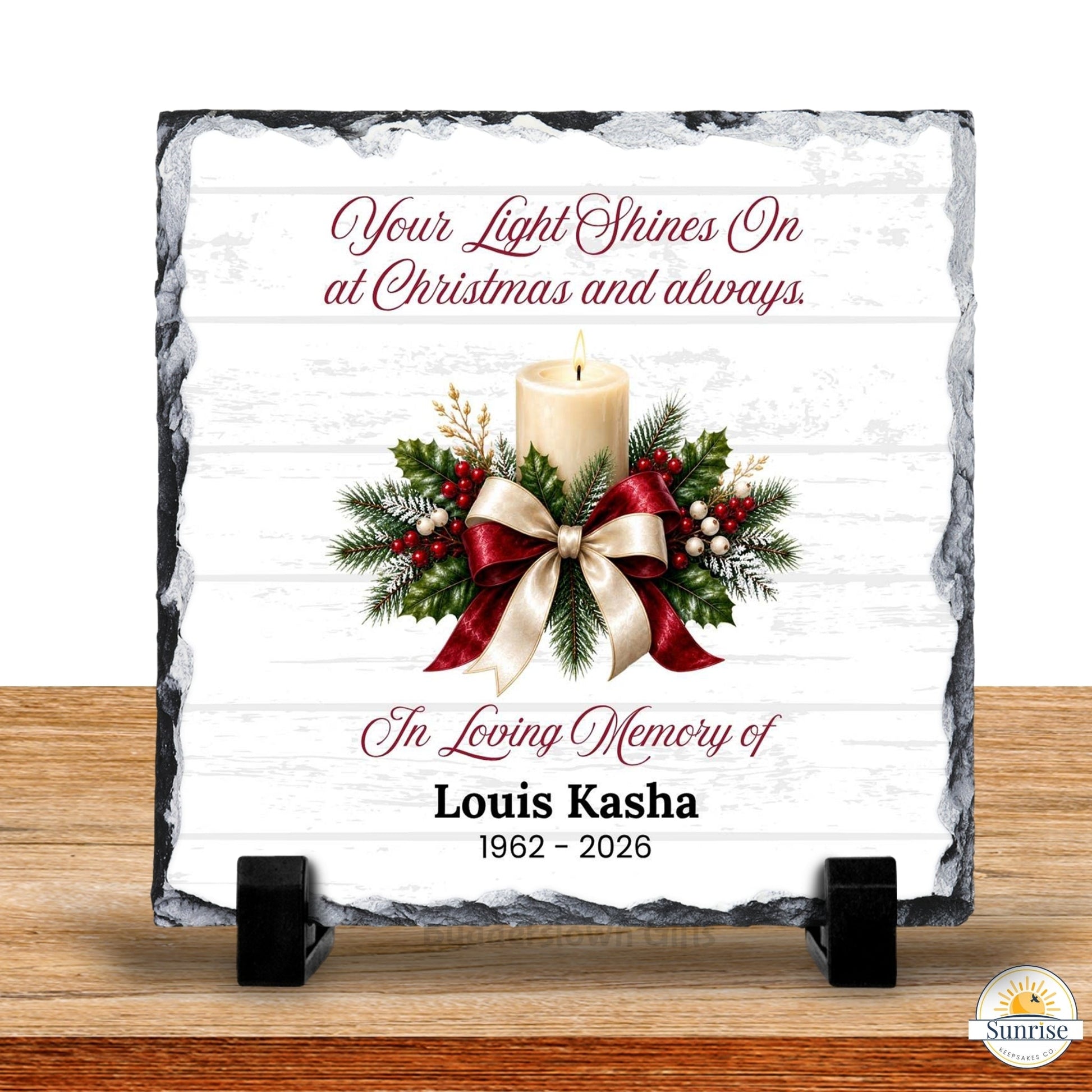 Memorial Plaque – Your Light Shines On Christmas with Printed Candle – Personalized Sympathy Gifts by Sunrise Keepsakes