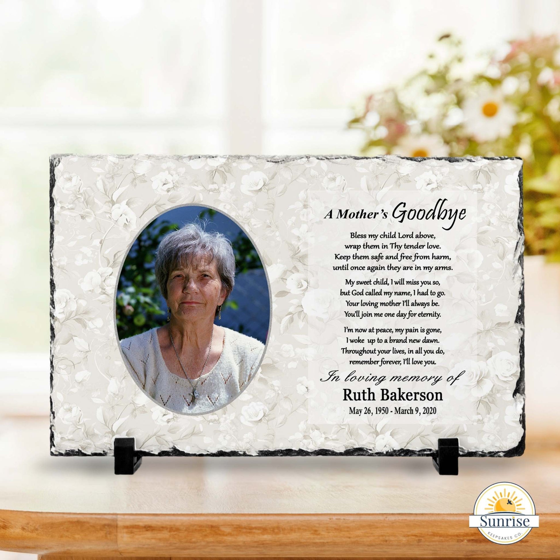 Mother Memorial Photo Plaque – A Mother’s Goodbye Floral – Personalized Sympathy Gifts by Sunrise Keepsakes