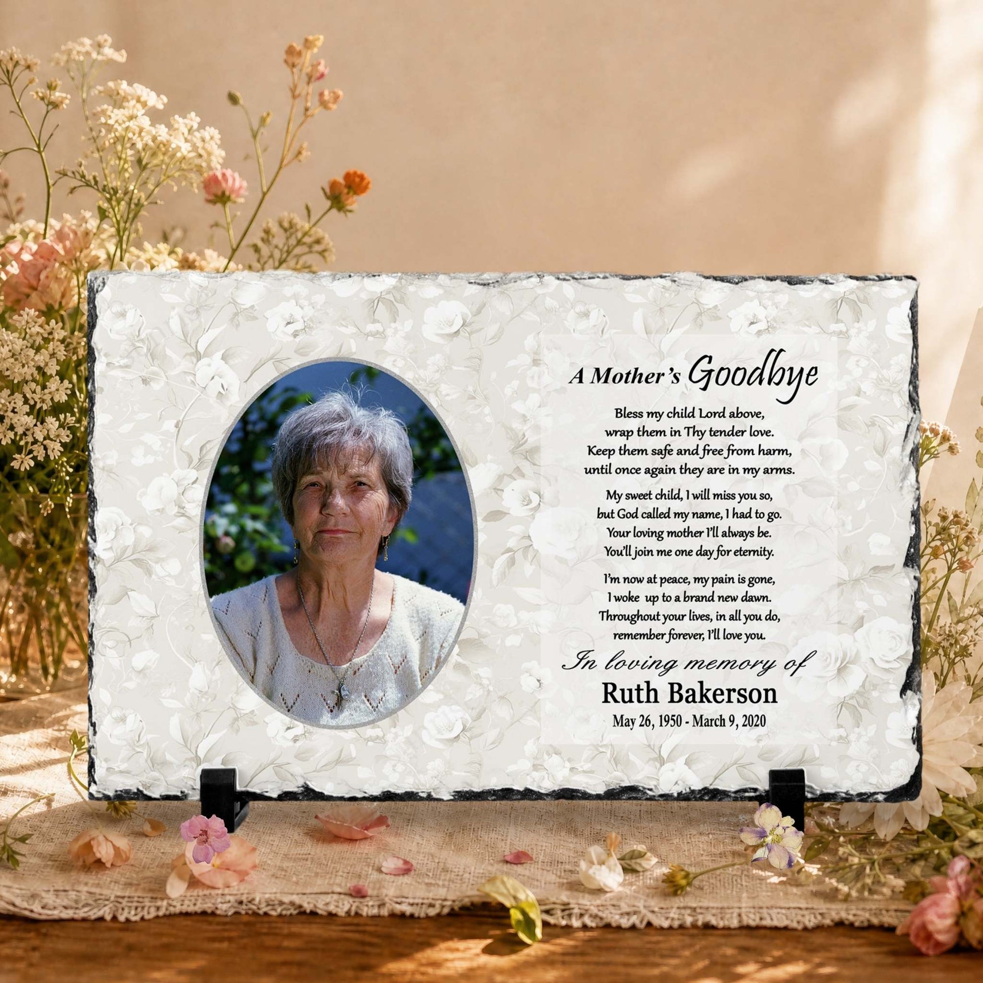Mother Memorial Photo Plaque – A Mother’s Goodbye Floral – Personalized Sympathy Gifts by Sunrise Keepsakes