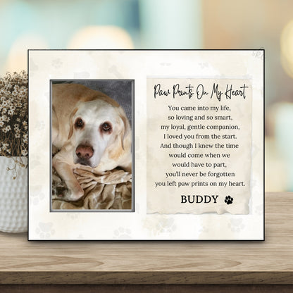 Memorial plaque for a dog named Buddy with a photo and text on a white background