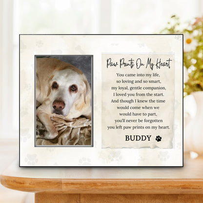 Framed picture of a dog with a heartwarming message on a white surface.