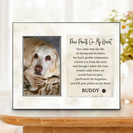 Framed picture of a dog with a heartwarming message on a white surface.