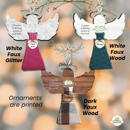 Decorative angel ornaments in different materials and colors with text on a blurred background.