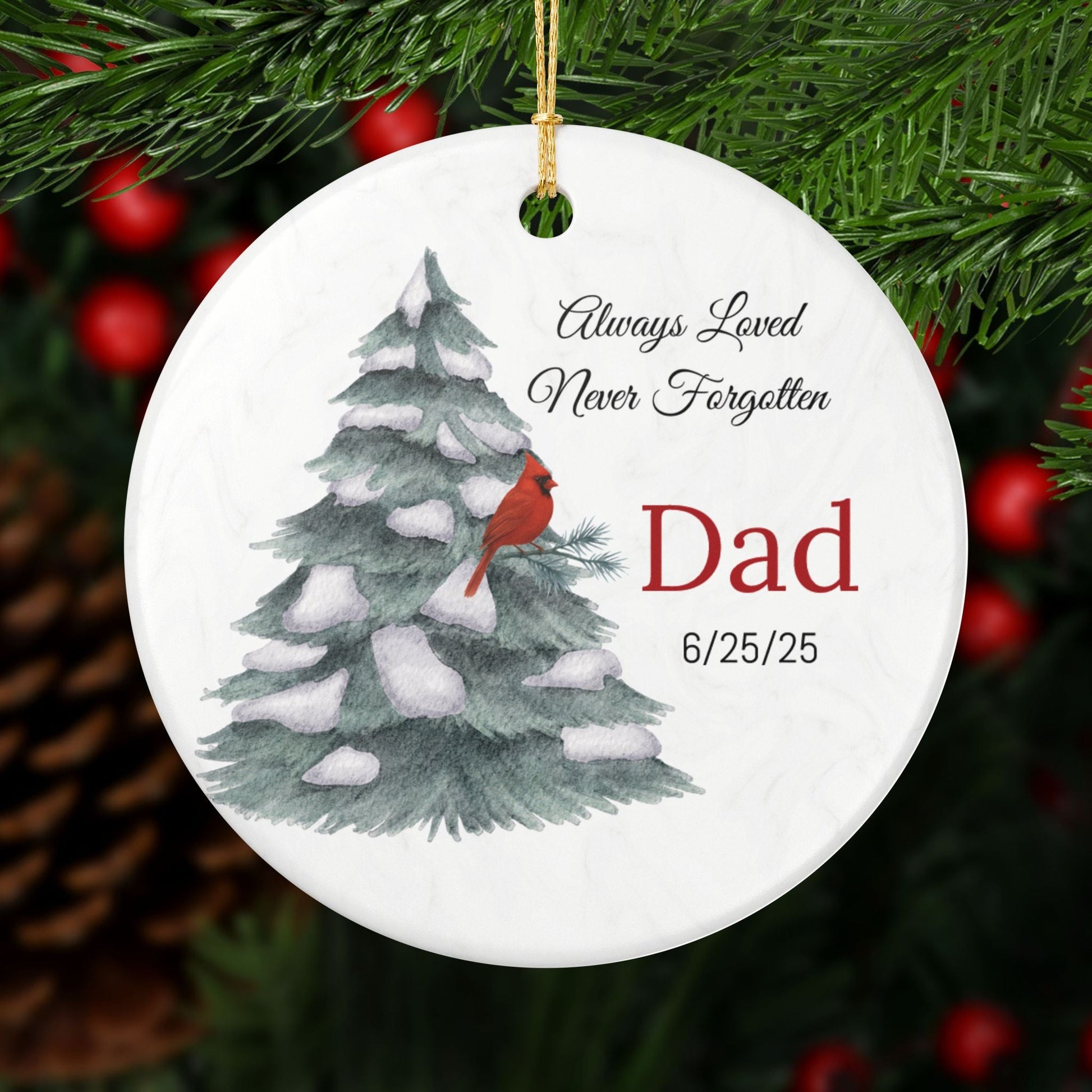 Personalized Memorial Ornament with cardinal- Always Loved Never Forgotten – Personalized ornament by Sunrise Keepsakes