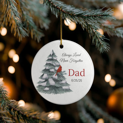Personalized Memorial Ornament with cardinal on a snow capped pine tree- Always Loved Never Forgotten