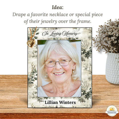 Personalized Memorial Photo Frame – In Loving Memory Winter Greenery – Personalized Frames by Sunrise Keepsakes