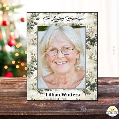Personalized Memorial Photo Frame – In Loving Memory Winter Greenery – Personalized Frames by Sunrise Keepsakes