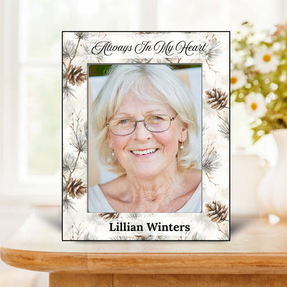 Personalized Memorial Picture Frame – Always in My Heart Pine Cone Design – Personalized Frames by Sunrise Keepsakes