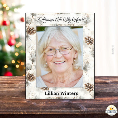 Personalized Memorial Picture Frame – Always in My Heart Pine Cone Design – Personalized Frames by Sunrise Keepsakes
