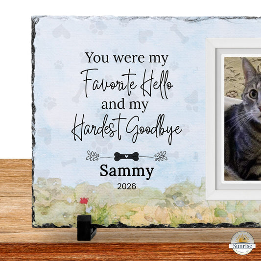 Personalized Pet Memorial Photo Plaque – “My Favorite Hello, My Hardest Goodbye” – Personalized pet memorial by Sunrise Keepsakes