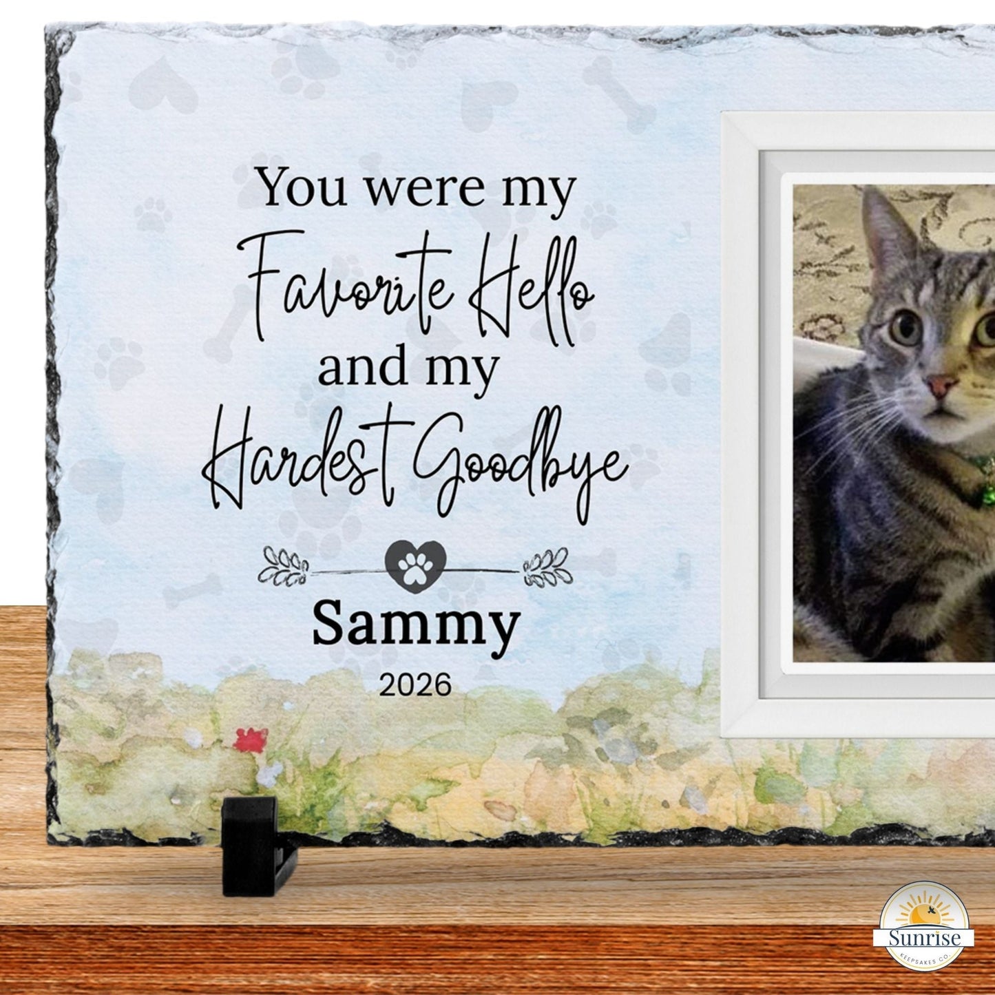 Personalized Pet Memorial Photo Plaque – My Favorite Hello, My Hardest Goodbye - Sunrise Keepsakes Co.