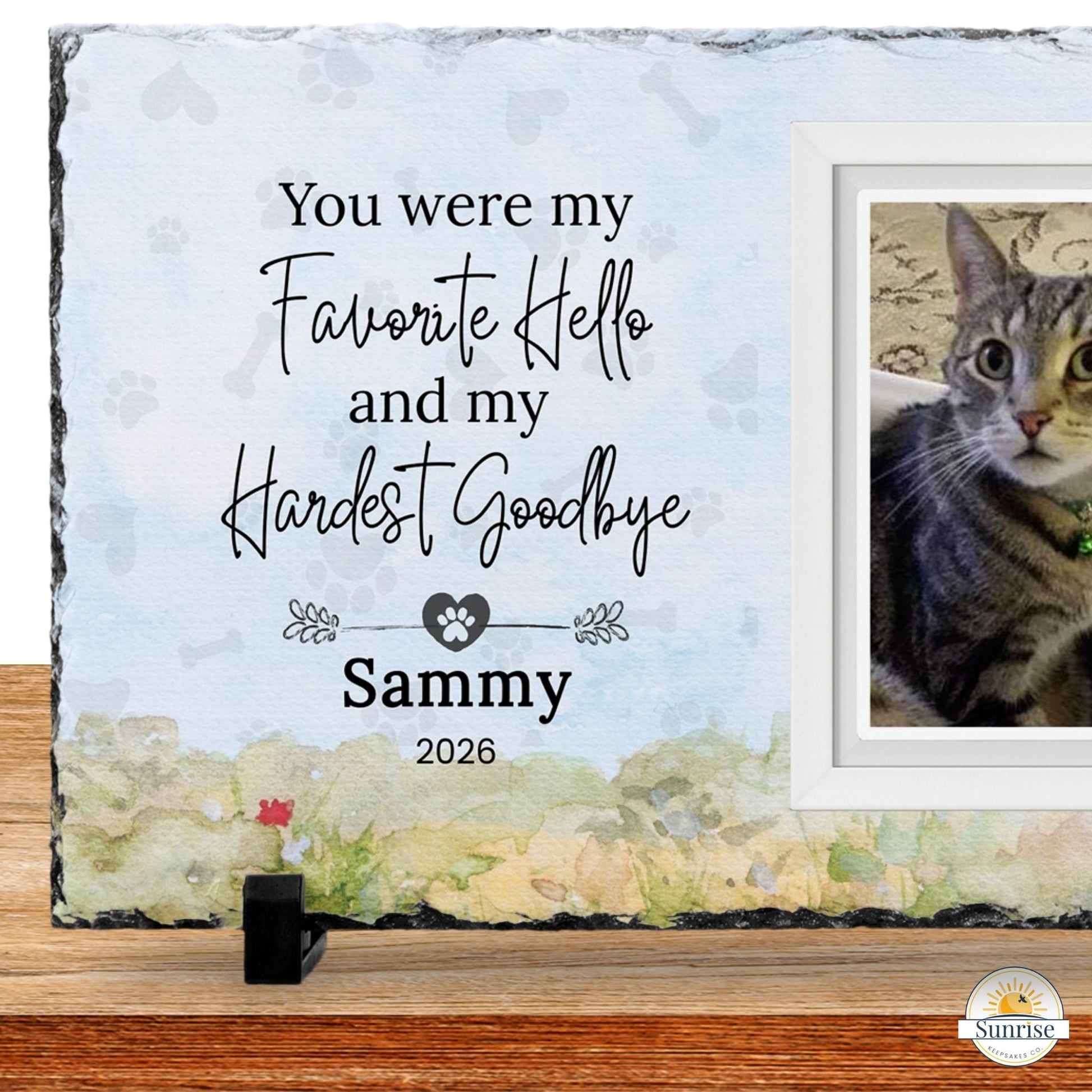 Personalized Pet Memorial Photo Plaque – My Favorite Hello, My Hardest Goodbye - Sunrise Keepsakes Co.