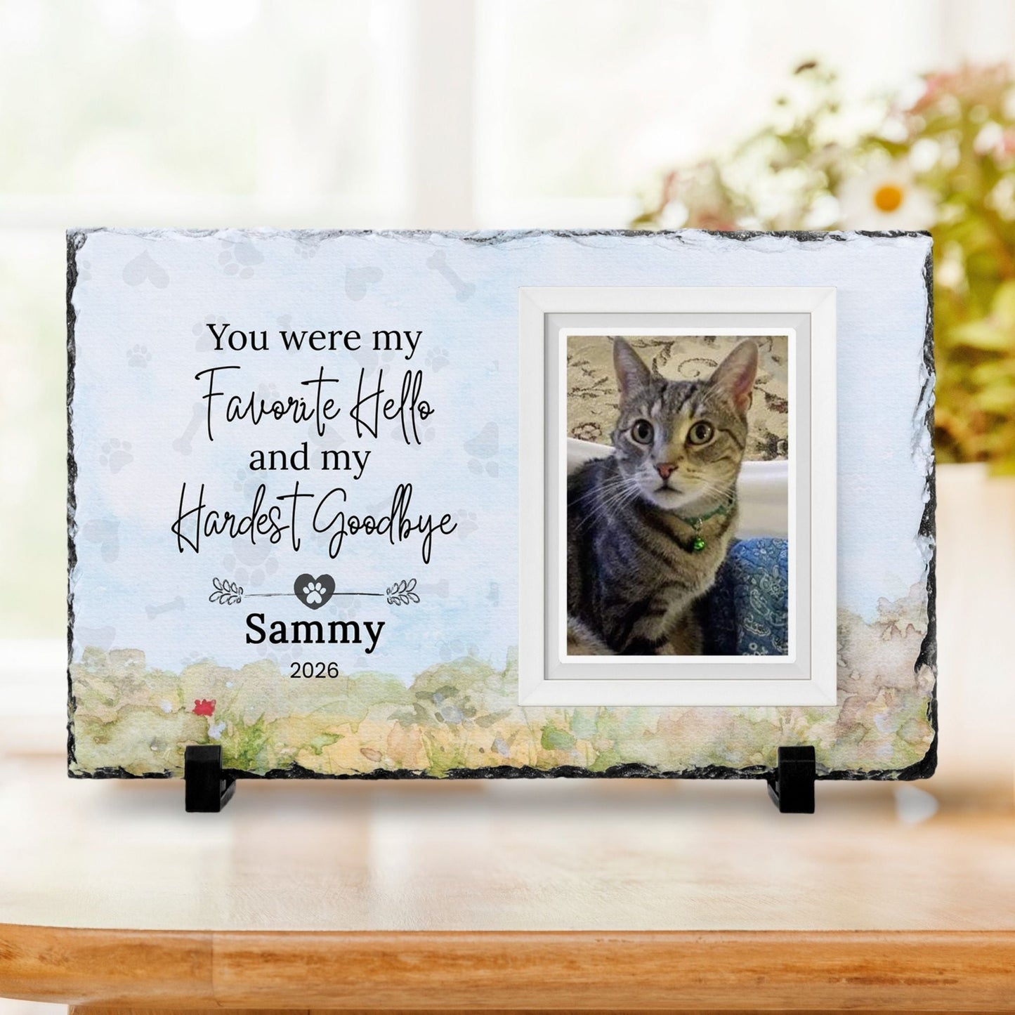 Personalized Pet Memorial Photo Plaque – My Favorite Hello, My Hardest Goodbye - Sunrise Keepsakes Co.