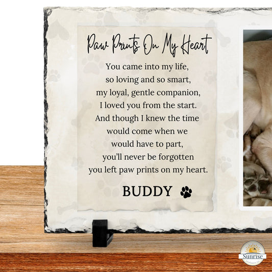 Personalized Pet Memorial Photo Plaque – Paw Prints on My Heart (Beige) – Personalized Pet Loss by Sunrise Keepsakes