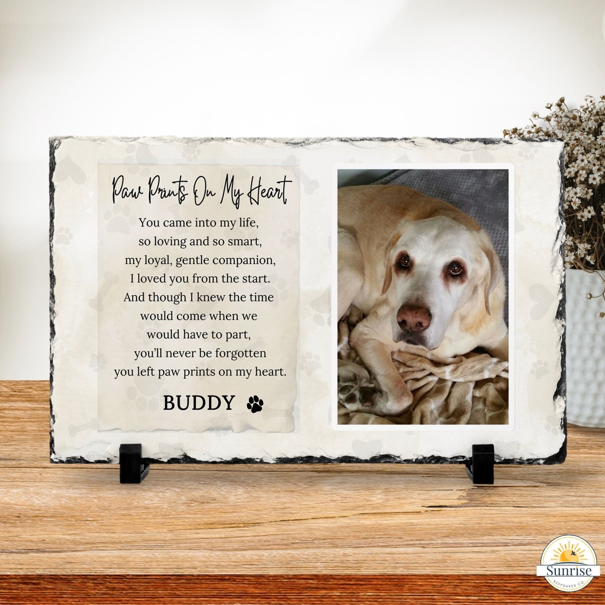 Personalized Pet Memorial Photo Plaque – Paw Prints on My Heart (Beige) – Personalized Pet Loss by Sunrise Keepsakes