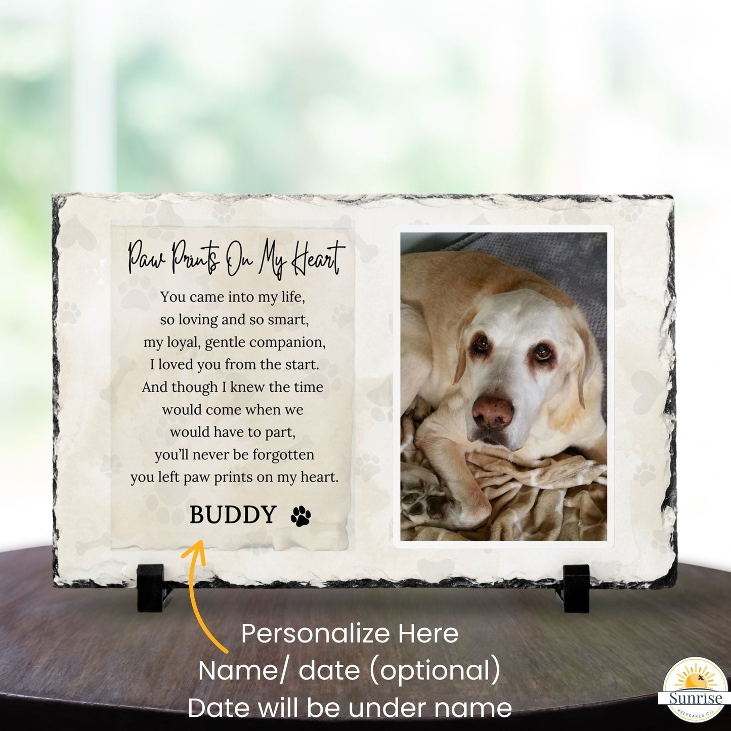 Personalized Pet Memorial Photo Plaque – Paw Prints on My Heart (Beige) - Sunrise Keepsakes Co.