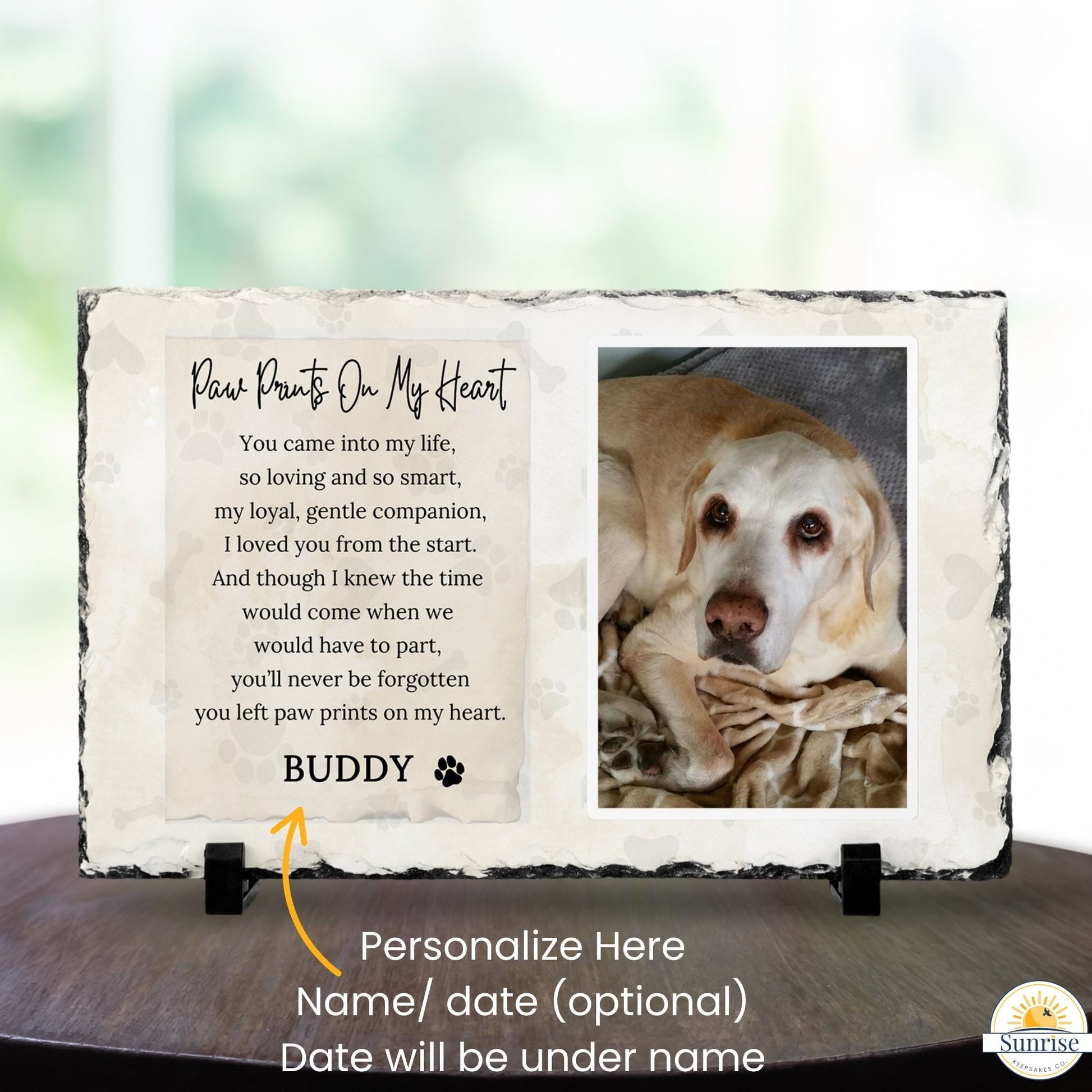 Personalized Pet Memorial Photo Plaque – Paw Prints on My Heart (Beige) - Sunrise Keepsakes Co.