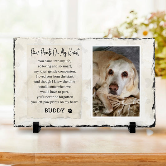 Personalized Pet Memorial Photo Plaque – “Paw Prints on My Heart” (Beige) – Personalized pet memorial by Sunrise Keepsakes