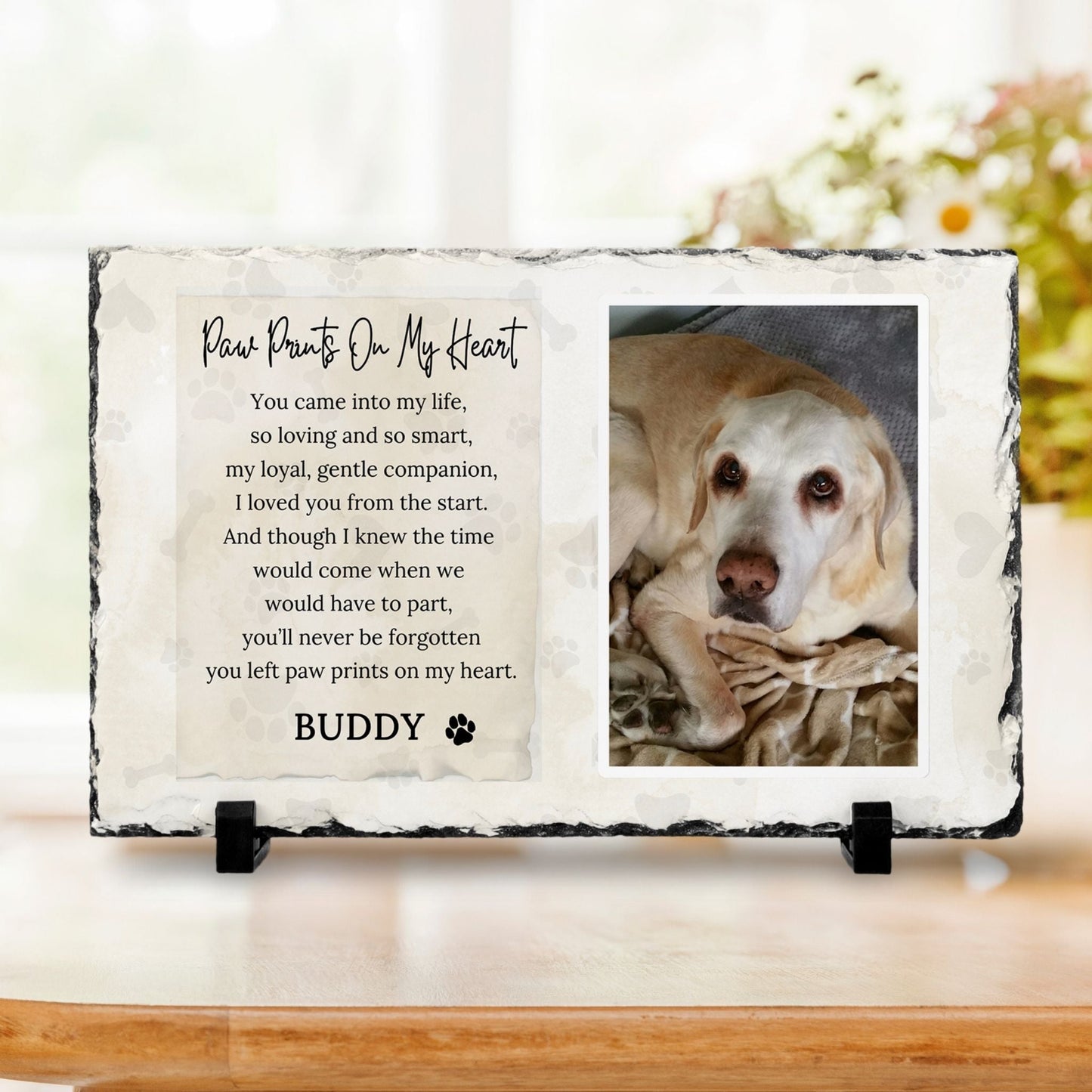 Personalized Pet Memorial Photo Plaque – Paw Prints on My Heart (Beige) - Sunrise Keepsakes Co.