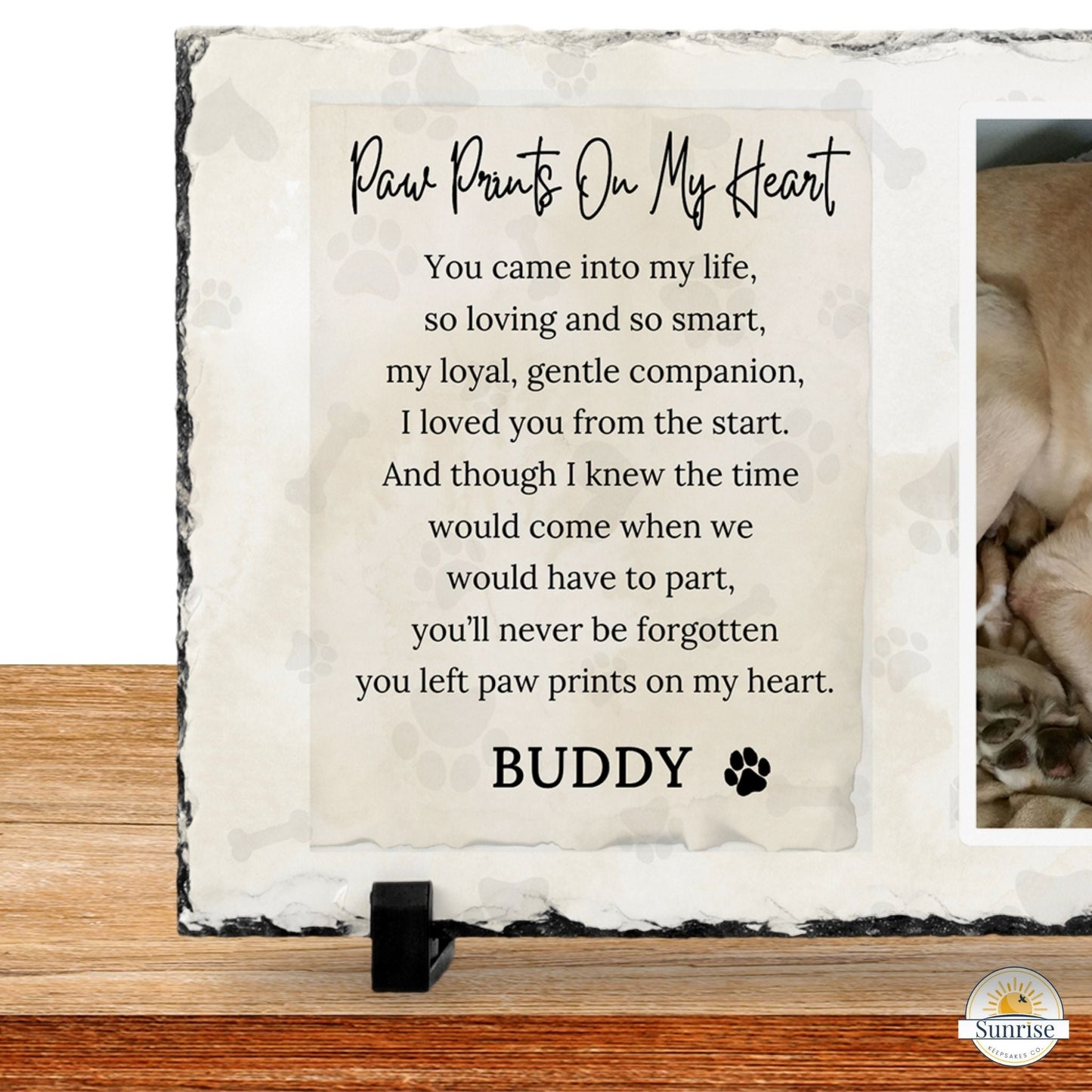 Personalized Pet Memorial Photo Plaque – Paw Prints on My Heart (Beige) - Sunrise Keepsakes Co.
