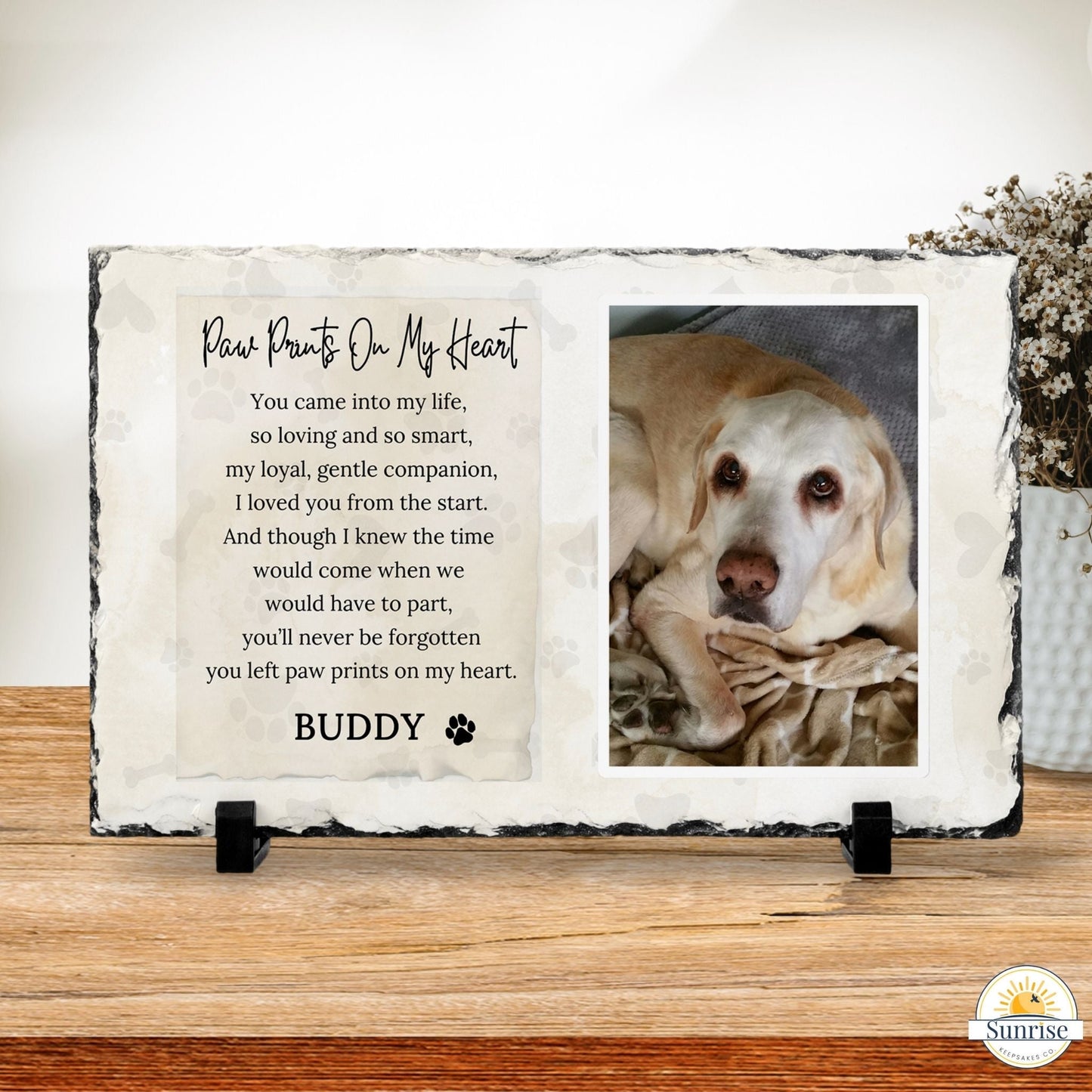 Personalized Pet Memorial Photo Plaque – Paw Prints on My Heart (Beige) - Sunrise Keepsakes Co.