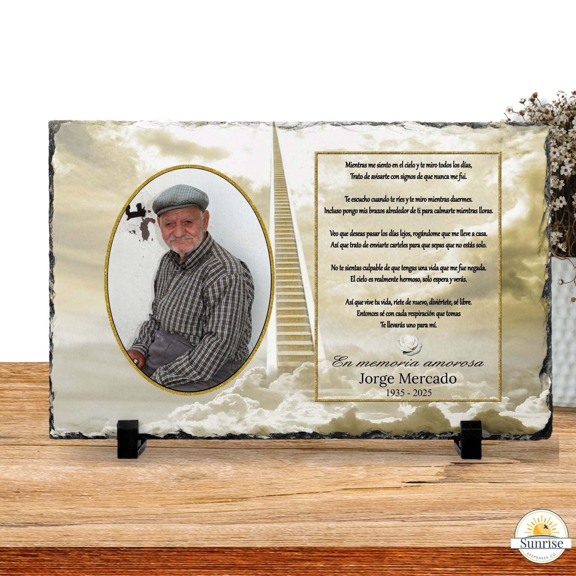 Personalized Spanish Memorial Photo Plaque – Sympathy Keepsake with As I Sit in Heaven Poem – Personalized Sympathy Gifts by Sunrise Keepsakes
