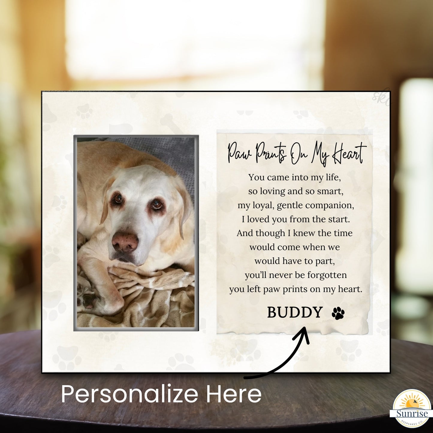 Pet Loss Frame - Paw Prints On My Heart – Personalized pet memorial by Sunrise Keepsakes