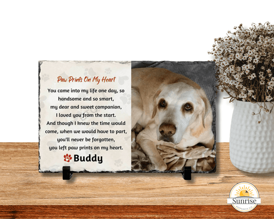 Pet Loss Gift - Pet Memorial Plaque - Paw Prints on my Heart – Personalized pet memorial by Sunrise Keepsakes