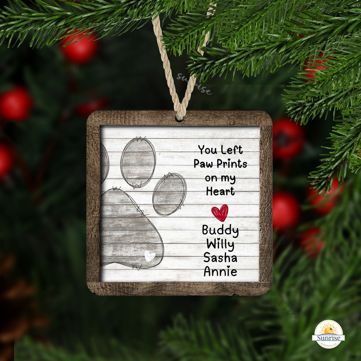 Pet Memorial Ornament – Personalized Paw Prints on My Heart – Personalized Ornaments by Sunrise Keepsakes