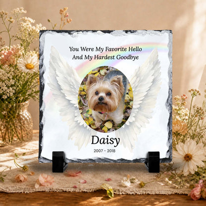 Pet Memorial Plaque – Favorite Hello Hardest Goodbye – Personalized Pet Loss by Sunrise Keepsakes