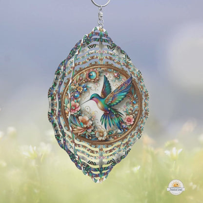 Turquoise hummingbird wind spinner with gold accents and intricate floral details. A stunning outdoor decor piece and meaningful gift for nature lovers or remembrance.