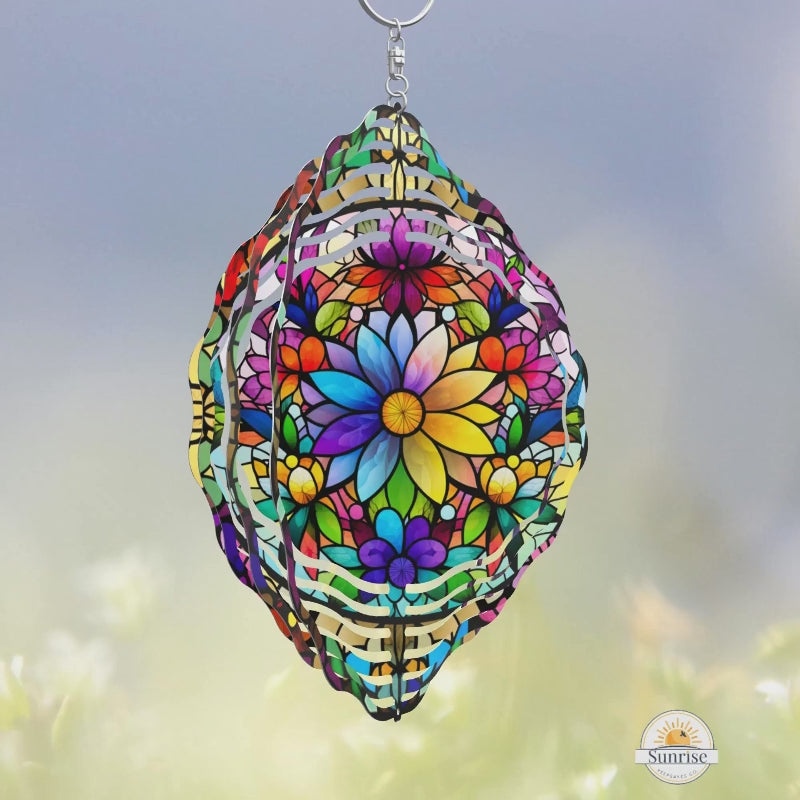 Colorful 10-inch flower wind spinner for yard and garden decor. Vibrant floral design with spinning motion adds a lively touch to outdoor spaces or in front of a window.