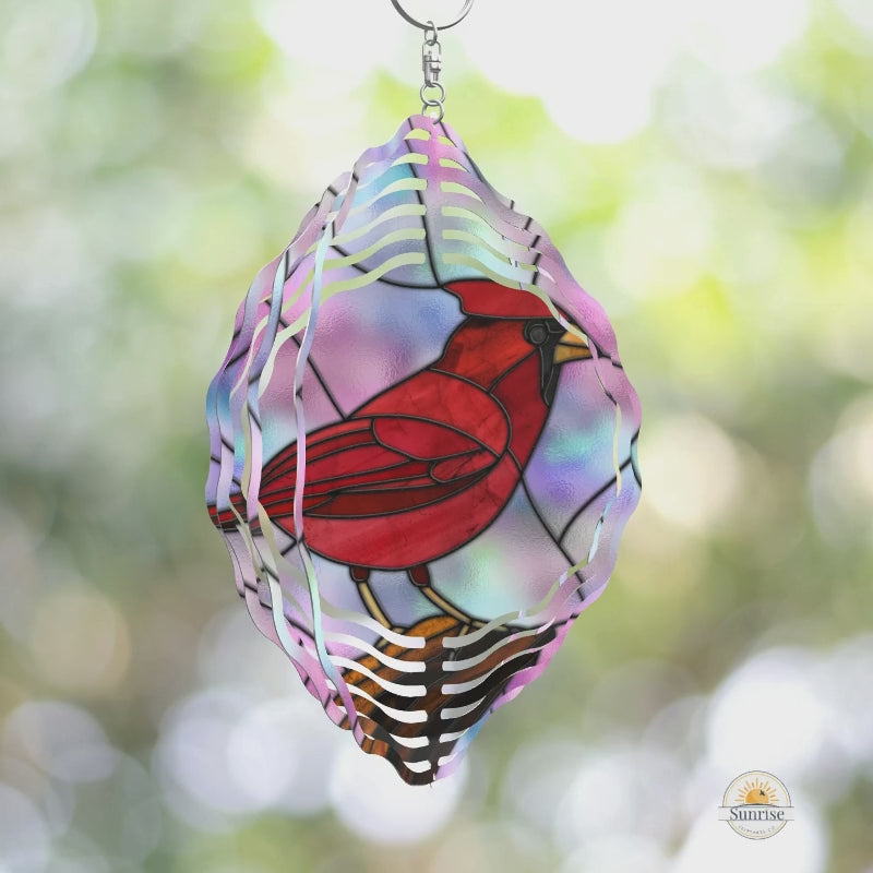 10-inch round cardinal wind spinner with a stained glass effect and double-sided design. A beautiful memorial tribute and garden decor piece for remembrance.