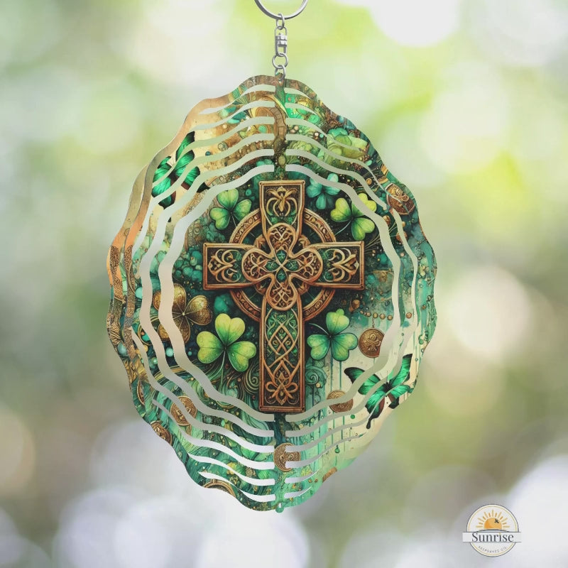 celtic cross with clover, butterflies and gold coins on a 10 inch wind spinner - sympathy memorial gift for grieving