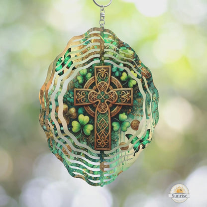 celtic cross with clover, butterflies and gold coins on a 10 inch wind spinner - sympathy memorial gift for grieving