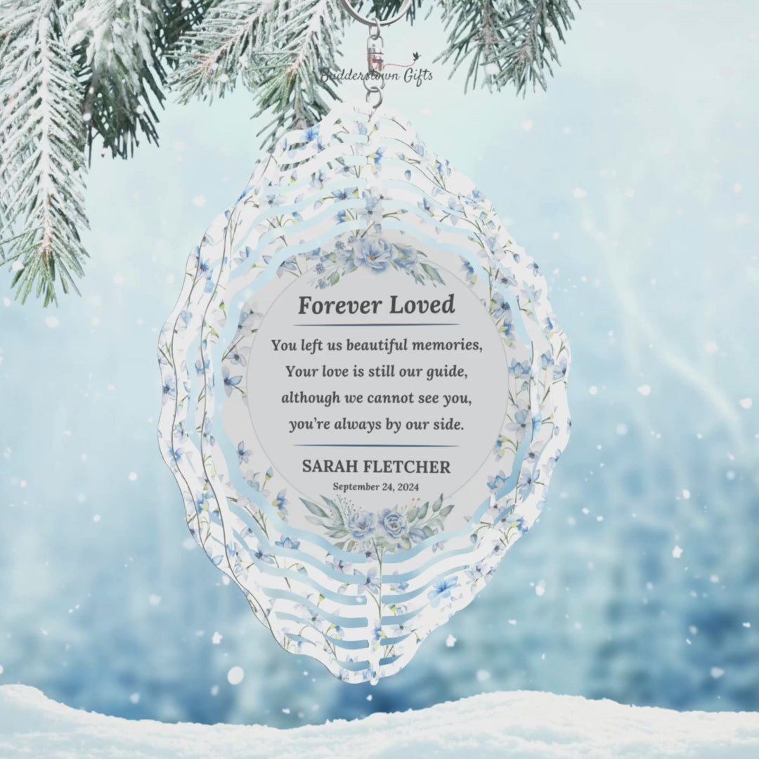 Personalized memorial wind spinner keepsake with blue flowers, custom photo, and poem. Made from durable aluminum for indoor or outdoor garden décor, a thoughtful sympathy gift to honor loved ones.