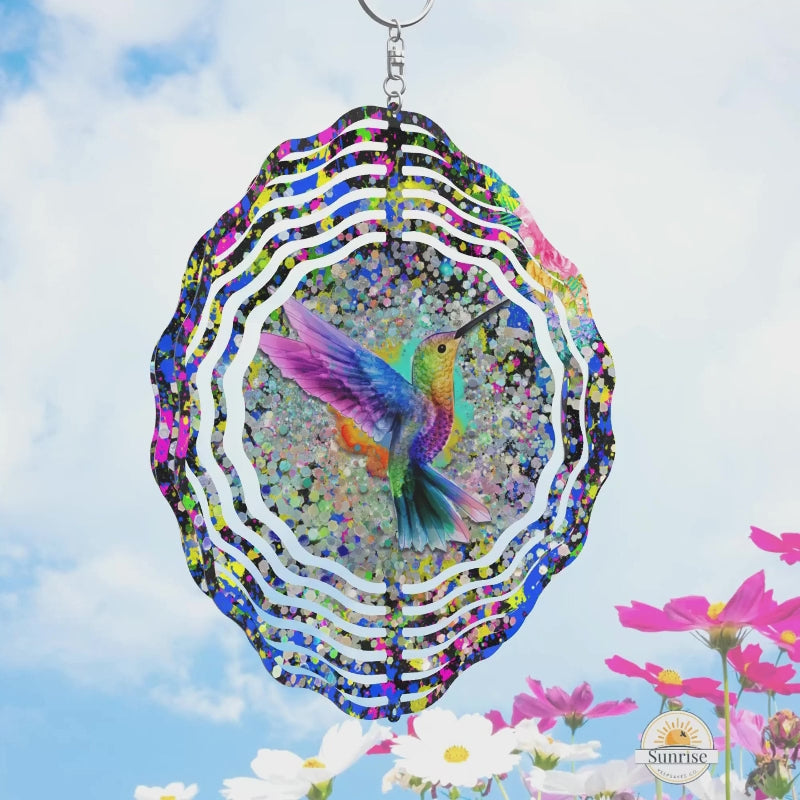 colorful and vibrant hummingbird wind spinner with paint splatter and glitter effect - 10 inches