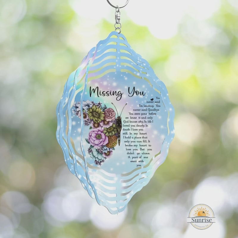 Missing You butterfly wind spinner with soft blue hues and a heartfelt memorial poem. A beautiful tribute to loved ones, perfect for gardens and remembrance.