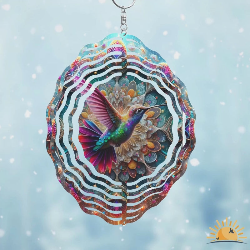 Colorful hummingbird wind spinner with intricate mandala design