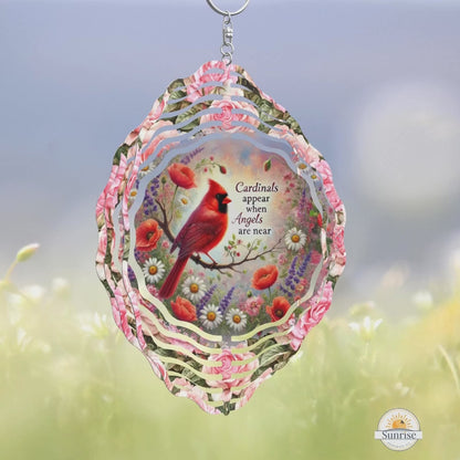 10 inch wind spinner with cardinal and flowers with wording Cardinals appear when angels are near.