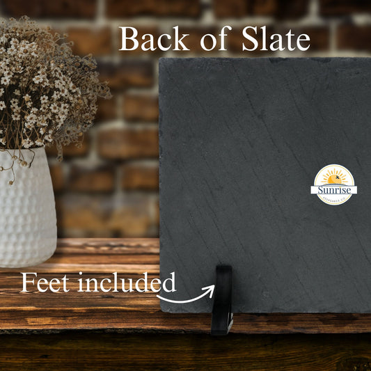 Slate product with 'Sunrise' logo on a wooden surface, featuring 'Back of Slate' text.