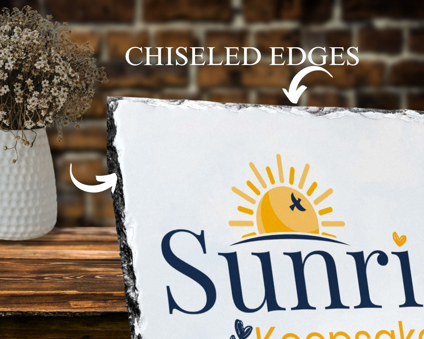 Slate with 'Sunrise' logo on a rustic background showing chiseled edges