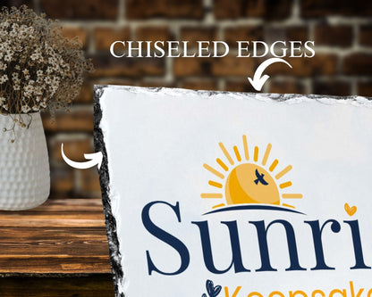 Slate with 'Sunrise' logo on a rustic background showing chiseled edges