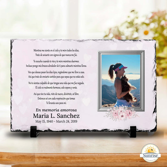 Spanish Memorial Photo Plaque – As I Sit in Heaven Pink Hearts – Personalized Sympathy Gifts by Sunrise Keepsakes